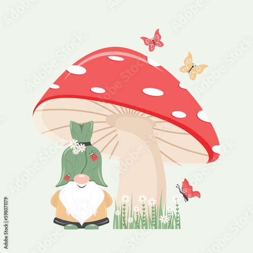 Cute garden gnome. A joyful, kind, fabulous bearded dwarf elf stands under a mushroom in the forest. Cartoon vector illustration