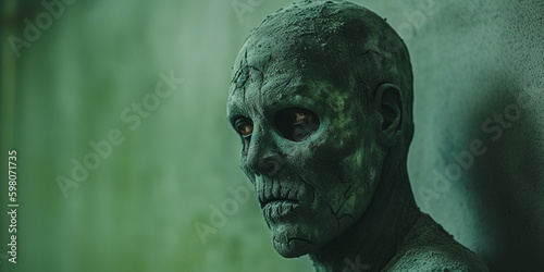 scary green petrified zombie face, created with generative ai photo