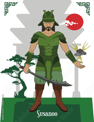 Illustration vector isolated of japanese mythical god, Susanoo, sea and storms god.