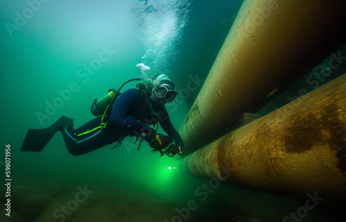 Pipeline underwater. Diver inspection. Natural Gas Pipeline underwater. Construction Gas Pipeline undersea. Natural Gas and Crude oil pipe undersea. Transit petrochemical pipe undersea. Ai Generative photo