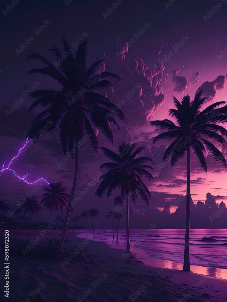 Heavy lightning Palm trees sunset | Call for Content | Generated by AI Generative | Part - 4