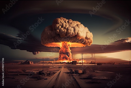 aftermath of nuclear bomb, with mushroom cloud and devastation visible, created with generative ai