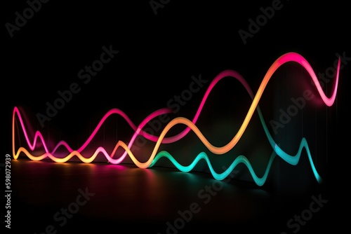 Graph with neon light curved color on black background (Ai generated)