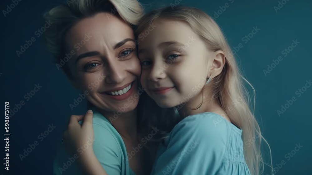 A little girl is hugging a smiling mom, photo taken in studio with blue background - Generative AI A little girl is hugging a smiling mom, photo taken in studio with blue background - Generative AI