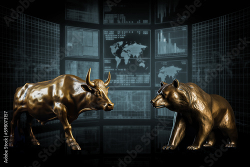 golden brass statues of bull and bear over blurred stock exchange charts and map displayed on a screen as a symbol for global markets and stock quotes, generative AI
