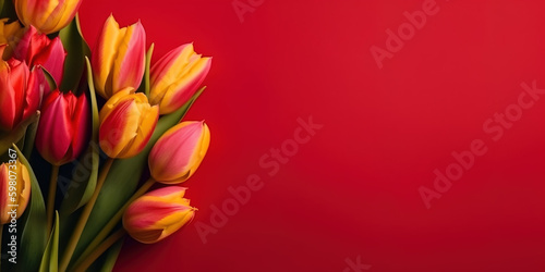 Spring tulip flowers on red background top view in flat lay style. Greeting for Womens or Mothers Day or Spring Sale Banner. Generative Ai.