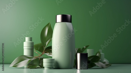 Mockup of cosmetic bottle with green leaves, Generative AI