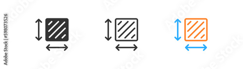 Square size icon on light background. Area symbol. Size of rectangle, parameters, geometry, dimension. Outline, flat and colored style. Flat design. Vector illustration