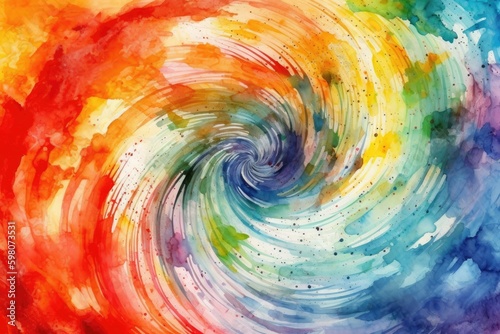 Rainbow spiral watercolor painting, abstract colorful background. Generative AI.