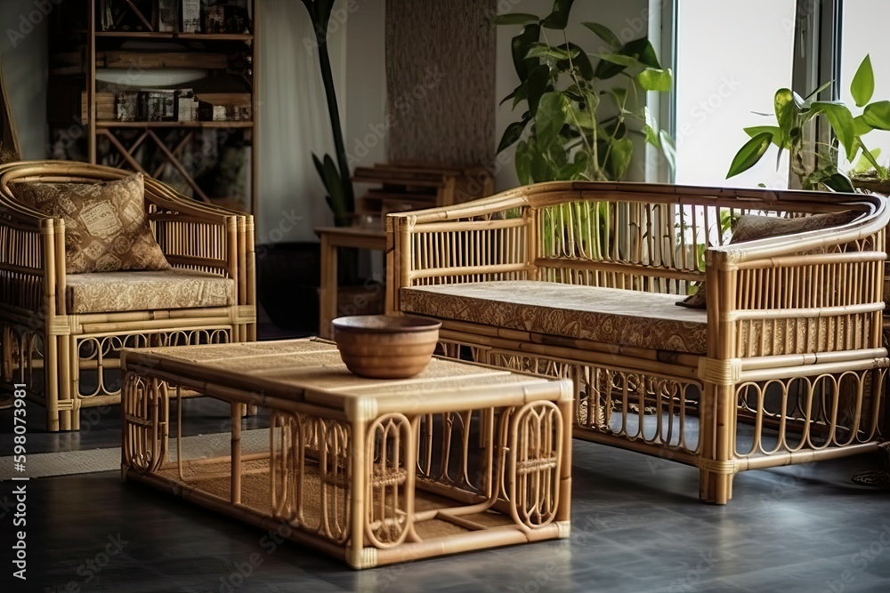 Eco-friendly home decor, bamboo furniture (Ai generated) Eco-friendly home decor, bamboo furniture (Ai generated)