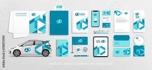 Brand Identity concept of stationery Mock-Up set with blue abstract geometric design. Branding stationery mockup template of vertical business flyer, promotional car, brochure, etc. Editable vector