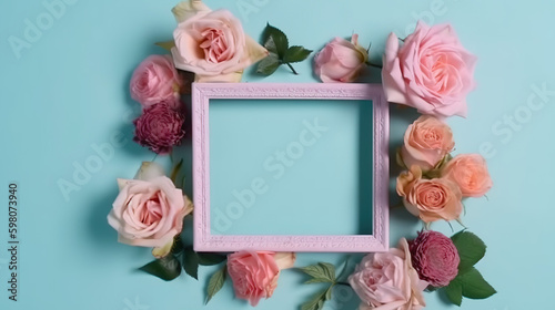 Flowers composition. Photo frame rose flowers on a pastel blue background. Valentine's Day, mothers Day - Generative AI