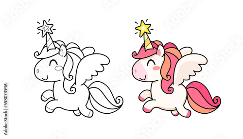 Cute Baby Unicorn with wings vector coloring page. Coloring Cartoon Unicorn with pink hair and star on the horn. Funny Baby Pony for kids print design on tee shirt or pajamas and coloring book
