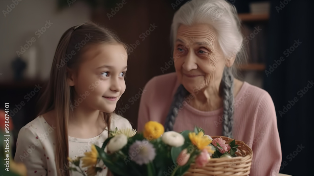 Happy International Women's Day. Smiling granddaughter giving flowers and gifts to grandmother celebrate spring holiday Mother's Day at home - Generative AI