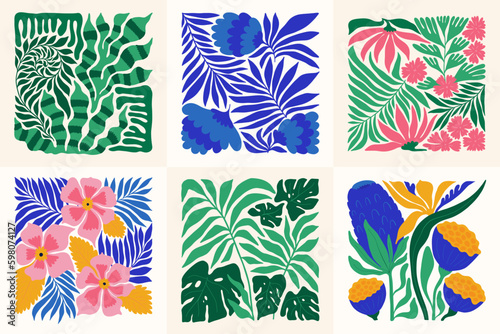 Floral abstract elements. Tropical Botanical composition. Modern trendy Matisse minimal style. Floral poster, invite. Vector arrangements for greeting card or invitation design