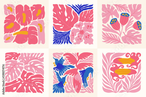 Floral abstract elements. Tropical Botanical composition. Modern trendy Matisse minimal style. Floral poster, invite. Vector arrangements for greeting card or invitation design