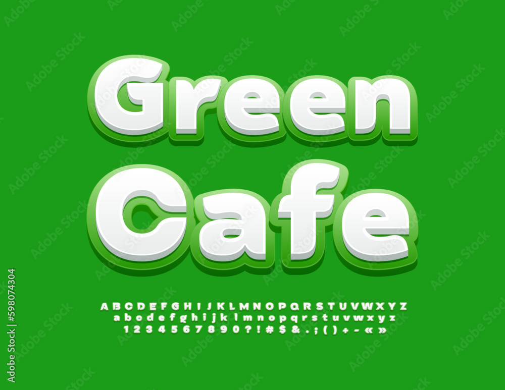 Vector bright Emblem Green Cafe. Creative Alphabet Letters and Numbers set. White and Green modern Font Vector bright Emblem Green Cafe. Creative Alphabet Letters and Numbers set. White and Green modern Font