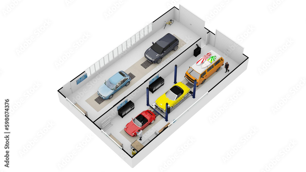 Floorplan car service 3d illustration of floor plan of car service Floor plan of car service. Working place with tools in garage Floorplan car service 3d illustration of floor plan of car service Floor plan of car service. Working place with tools in garage