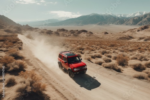Truck driving on a scenic desert road, road trip, off road vehicle in desert. Generative AI.