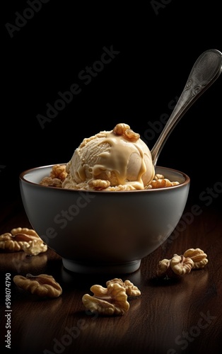 Maple Walnut Ice Cream with Walnuts and Maple Syrup. Generative AI.