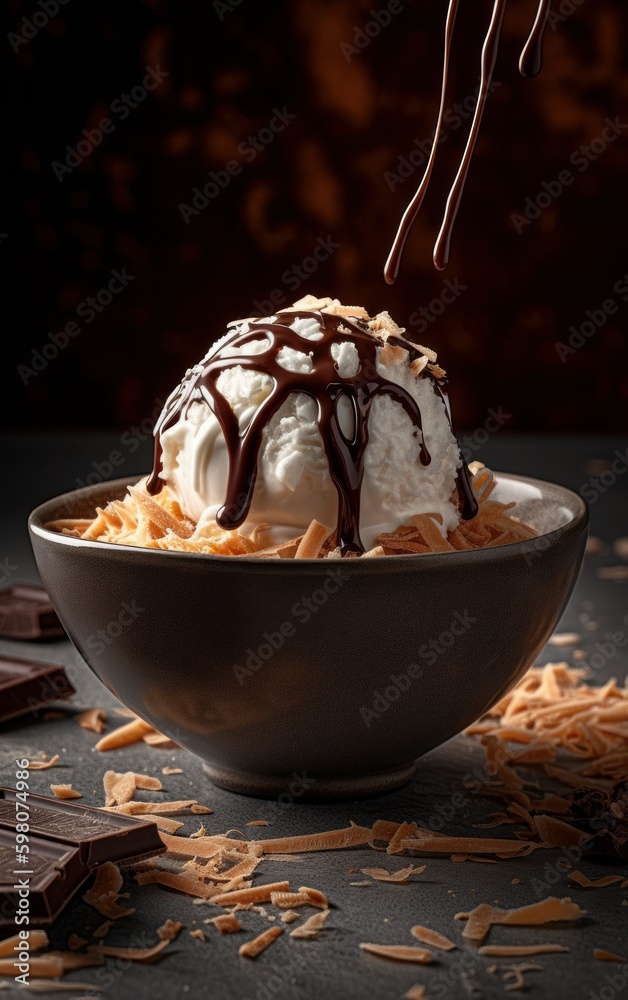 Coconut Ice Cream with Shredded Coconut and Chocolate Drizzle. Generative AI. Coconut Ice Cream with Shredded Coconut and Chocolate Drizzle. Generative AI.
