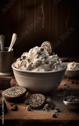 Cookies and Cream Ice Cream with Cookie Crumbles and Whipped Cream. Generative AI.