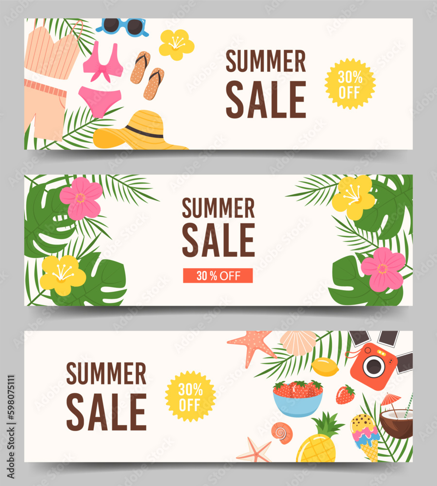 Set of horizontal banners templates for Summer Sale promotion. Advertisement decorated with tropical leaves, flowers, vacation and beach items. Flat colorful vector illustration. 