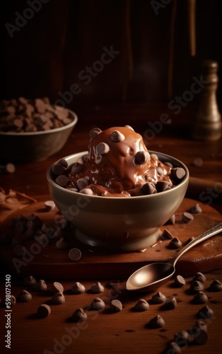 Chocolate Ice Cream with Chocolate Chips and Chocolate Sauce. Generative AI.