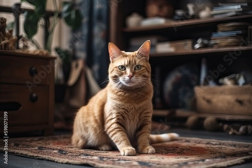 Ginger cat sit on floor of cozy living room