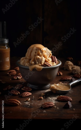 Butter Pecan Ice Cream with Caramel Sauce and Pecans. Generative AI.