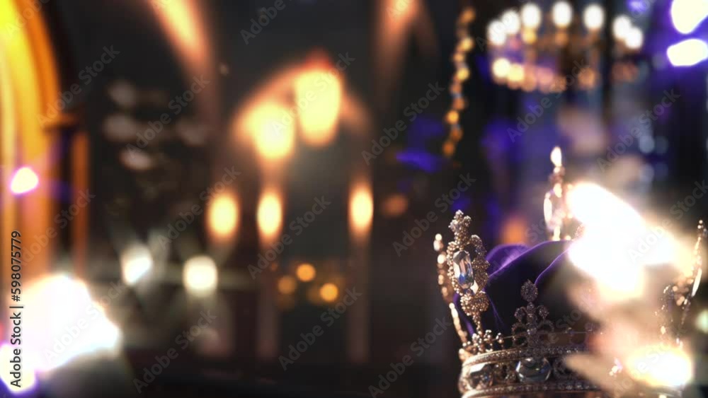 A gold royal king queen coronation crown with jewels and diamonds