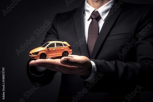 Insurance Protection for Business: Businessman with catr,  A businessman is shown holding a car, signifying the importance of insurance protection in safeguarding a business (Ai generated) photo