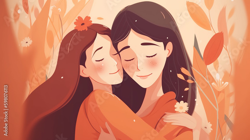 Mother s Day Concept - illustration of mom and daughter hugging each other with copy space - Generative AI