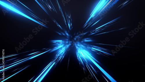 Blue glow light rays with time warp on zoom in effect background. Perspective view of blue laser light burst motion. Long exposure time warp speed Lights lines blue background zoom in. 4K photo