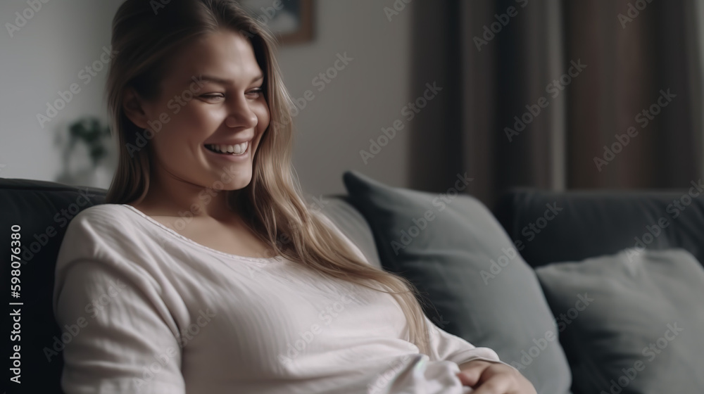 A pregnant woman smiles and happiness sits on the couch freely and strokes her belly feeling kicks with the baby - Generative AI A pregnant woman smiles and happiness sits on the couch freely and strokes her belly feeling kicks with the baby - Generative AI