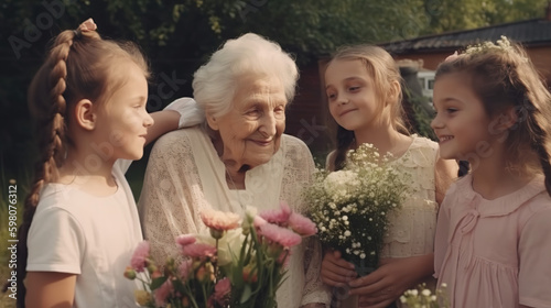 Mother's Day! Children congratulate their grandmother on holiday and give flowers - Generative AI