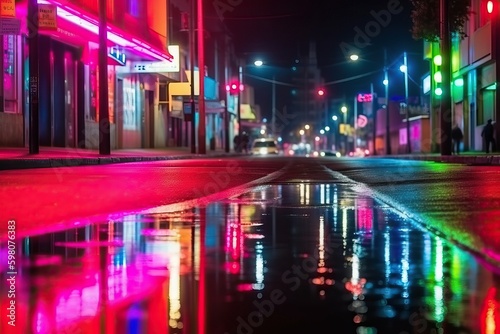 Neon light of street at night, red green blue yellow and purple color