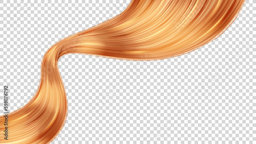 Realistic hair strands on checkered background. 3d vector illustration with realistic hair strands. Vector element for hairdresser salons, cosmetics, shampoo or conditioner package.