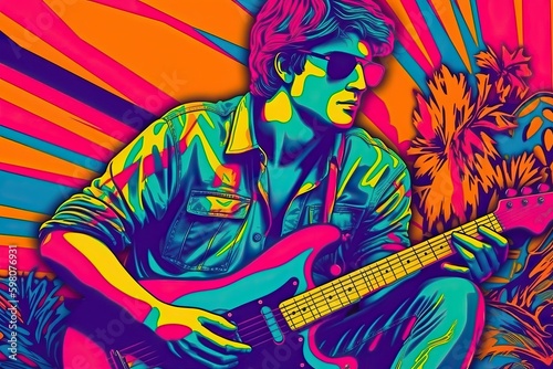 Guitarist, musician pop art collage style in neon bold color (Ai generated)