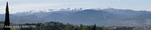 Panoramic view of Sierra Nevada mountains from Granada, Andalusia, Spain