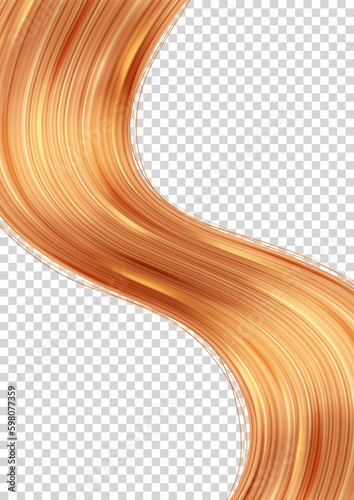 Realistic hair strands on checkered background. 3d vector illustration with realistic hair strands. Vector element for hairdresser salons, cosmetics, shampoo or conditioner package.