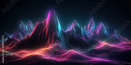 Neon Seascape Terrain A Fantastic Virtual Reality Wallpaper with Glowing Geometric Shapes and Panoramic View, Generative AI