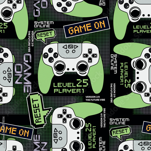 Abstract Seamless hand drawn pattern with joystick. Gamer elements for boy t-...