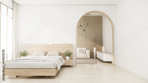 Bedroom japanese minimal style.,Modern white wall and wooden floor, room minimalist. 3D rendering © Interior Design