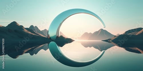 Photographie Mystical Mirage  Geometric Desert Panorama with Water Reflection and Glass Archw