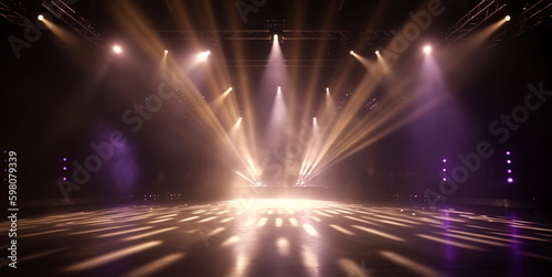 An empty stage club with purple and yellow bright stage lights and lights beams through a smokey atmosphere background. A.I. generated. 