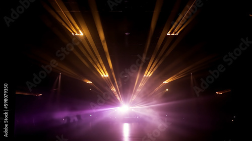 An empty stage club with purple and yellow bright stage lights and lights beams through a smokey atmosphere background. A.I. generated. 