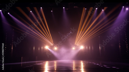 An empty stage club with purple and yellow bright stage lights and lights beams through a smokey atmosphere background. A.I. generated. 