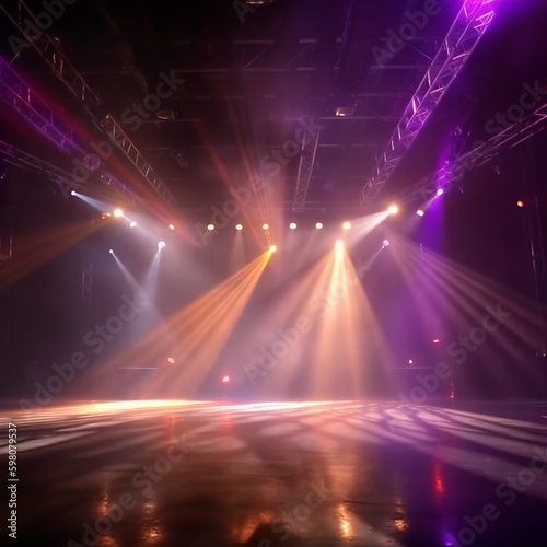 An empty stage club with purple and yellow bright stage lights and lights beams through a smokey atmosphere background. A.I. generated.  © JPDC