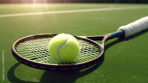 Tennis game, racket and ball on grass under bright sun © Andriy